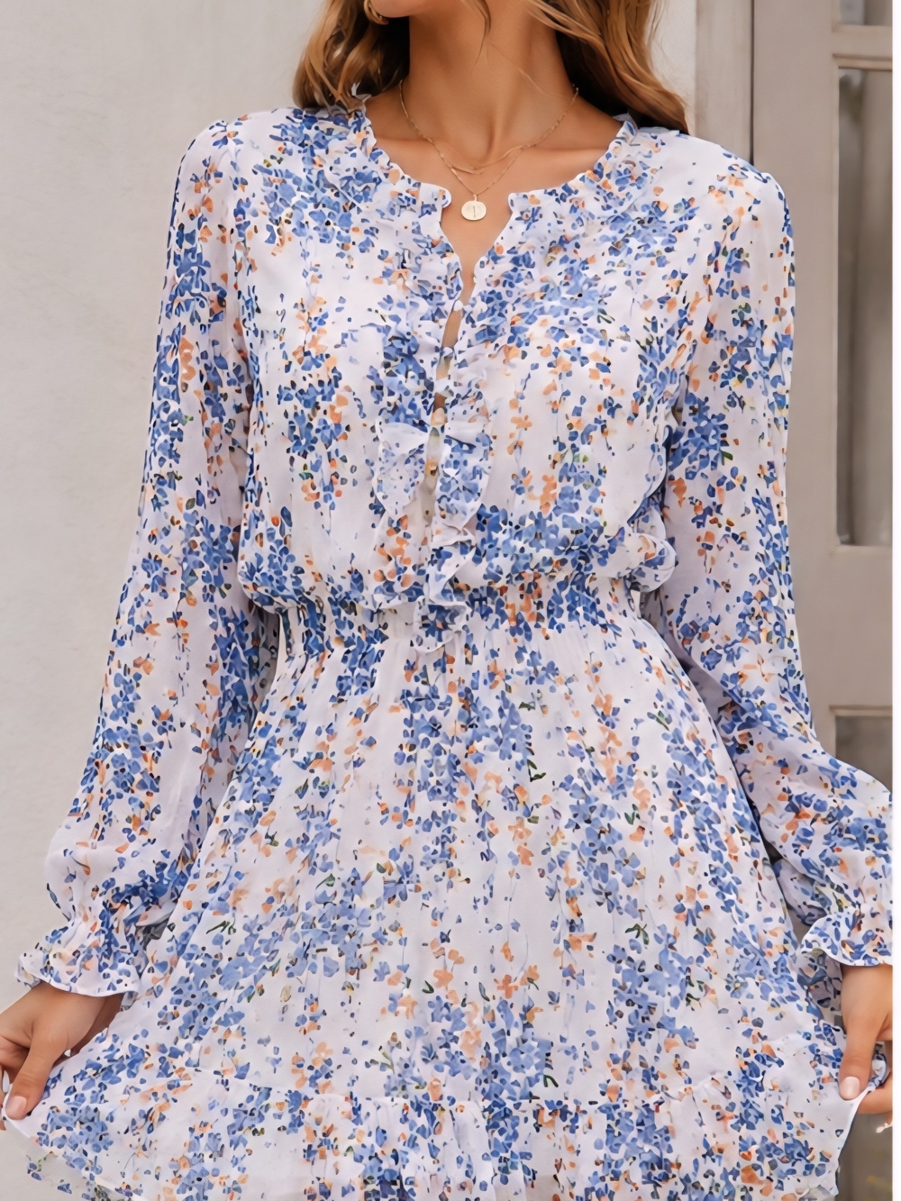 Romantic Blue Floral Ruffle Mini Dress | Open Back Cottagecore